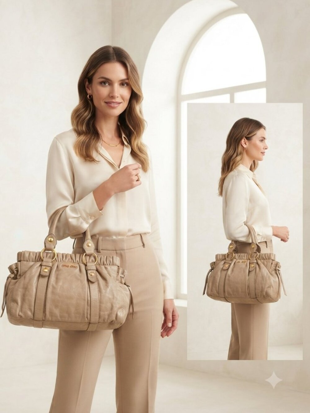 Miu Miu Beige Vitello Leather Handbag with Side Ribbon Made in Turkey No strap